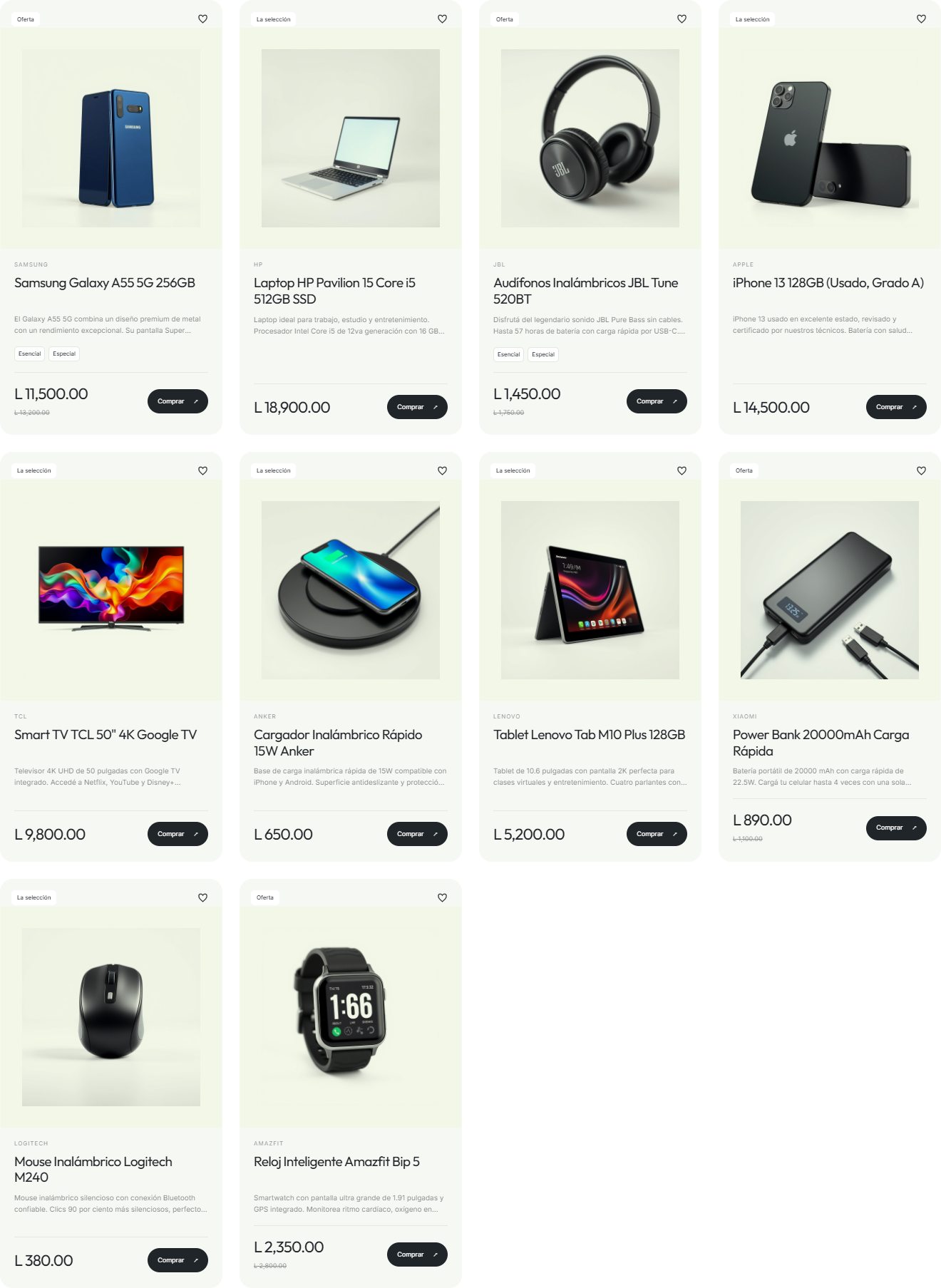 Captura real de tarjetas de productos y sus opciones