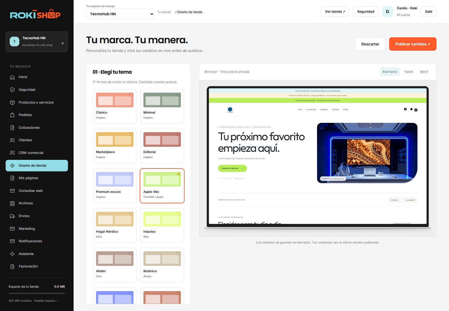 Captura real del editor de tiendas Roki Shop